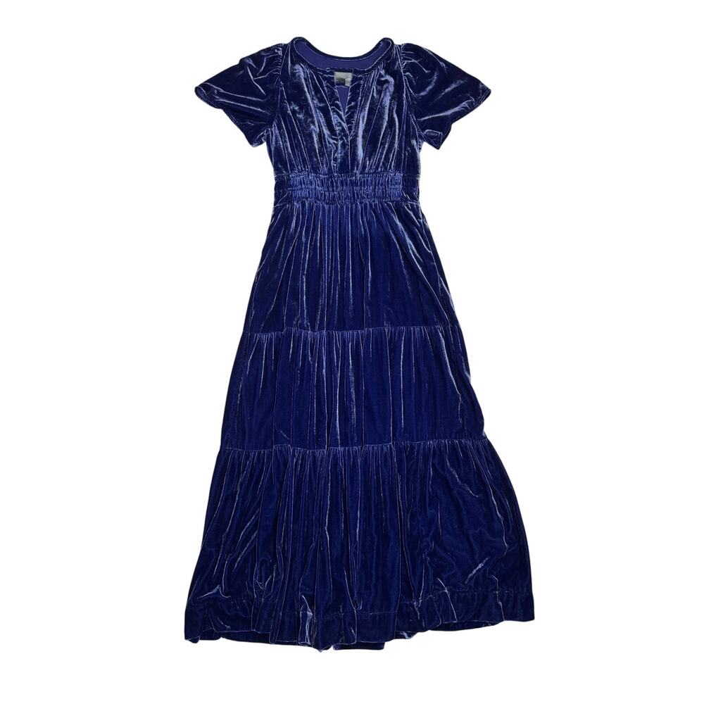 Anthropologie The Somerset Maxi Dress S Velvet Navy Blue Short Sleeve Tiered